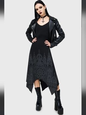 Killstar Black Gothic Maxi Dress with Cathedral Print